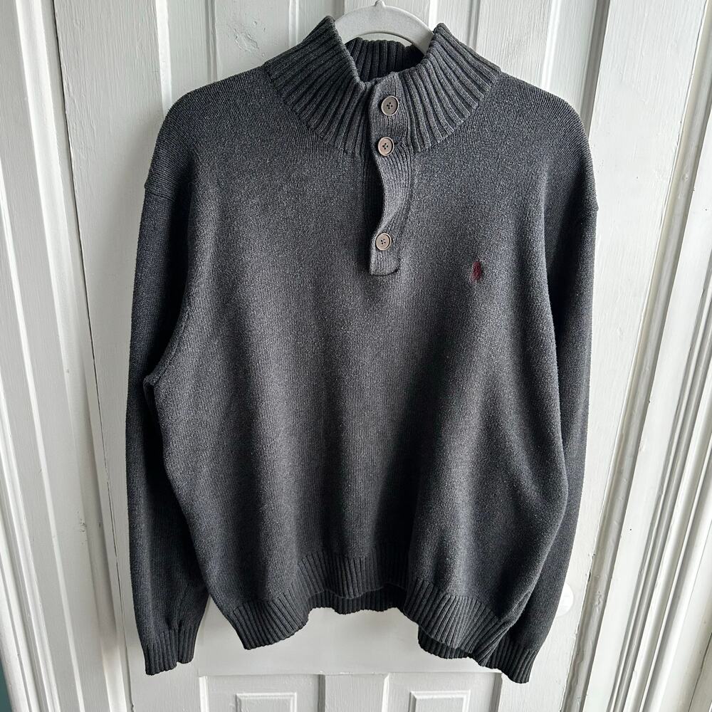Polo Ralph Lauren Men’s XL Quarter Button Mock Neck Sweater Gray Cotton Pullover - Picture 2 of 9